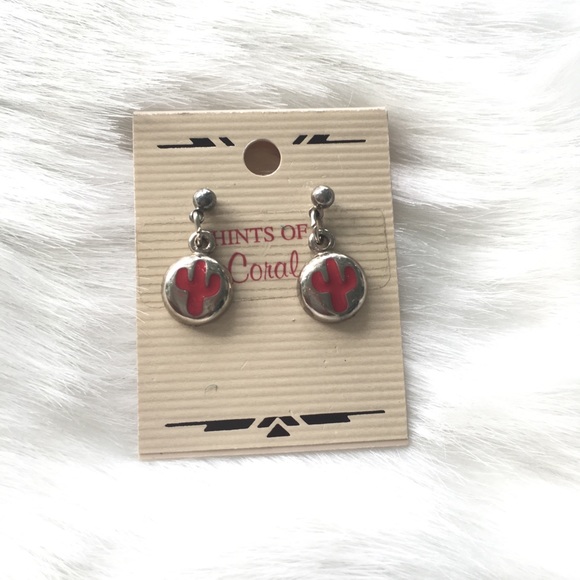 Coral & Metal Western Cactus  Earrings - Picture 1 of 3